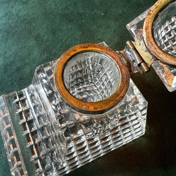 Antique Vintage Cut Glass Inkwell with Brass Hardware - Picture 5 of 9